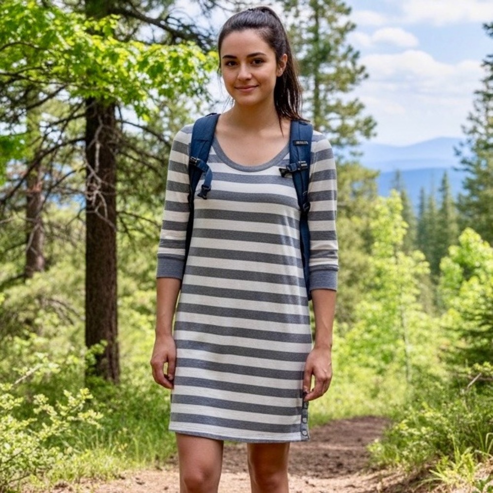 Patagonia Au Bateau Dress Women Small Gray Stripe Short 3/4 Sleeves Stretch Knit